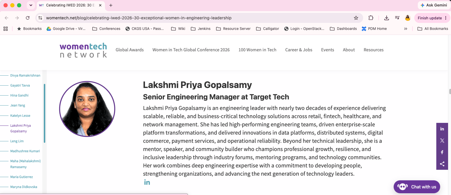 WomenTech Network feature recognizing Lakshmi Priya Gopalsamy