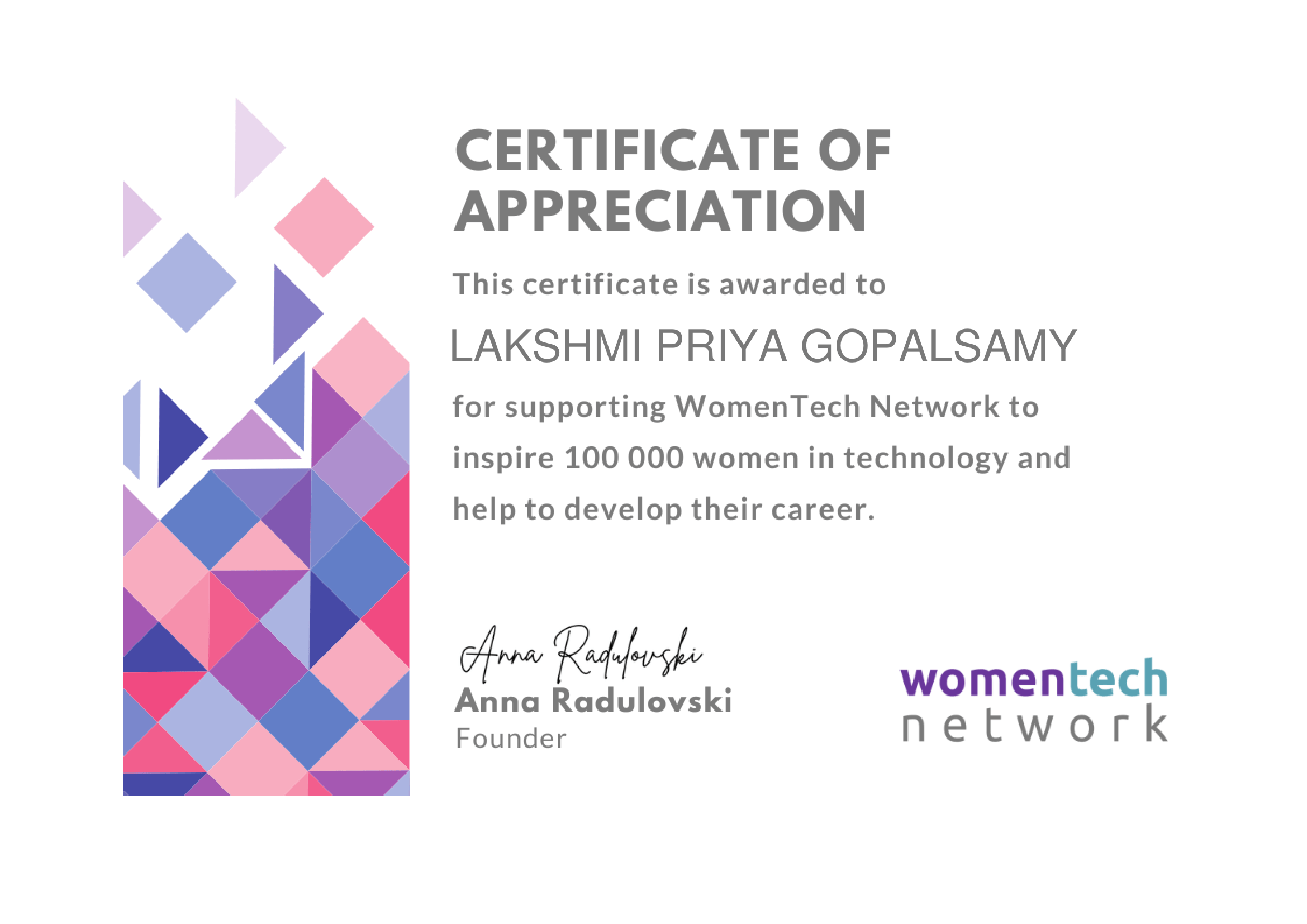 WomenTech Network certificate of recognition